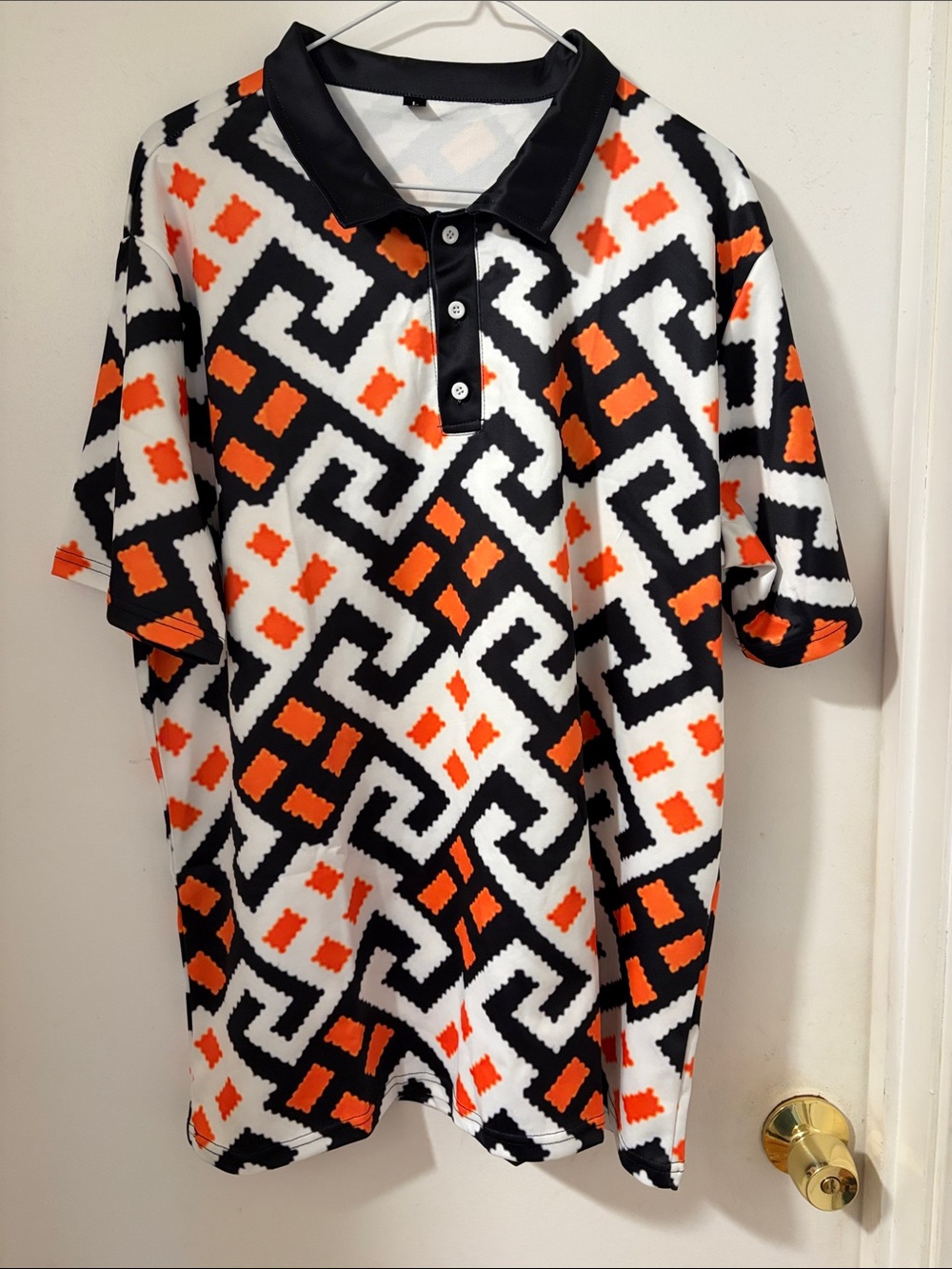 Adult Geometric Print Polo Shirt - Black, White & Orange